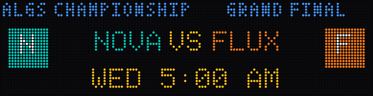 TickrCast LED panel showing a live NOVA versus FLUX esports matchup with start time