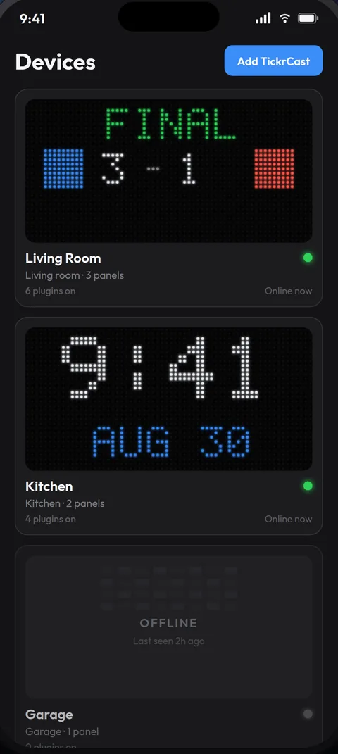 TickrCast app — every display at a glance